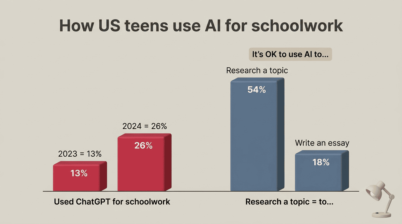 Bar chart of US teen AI use: ChatGPT for schoolwork rose from 13% in 2023 to 26% in 2024; 54% say it's OK to research with AI versus 18% for essays