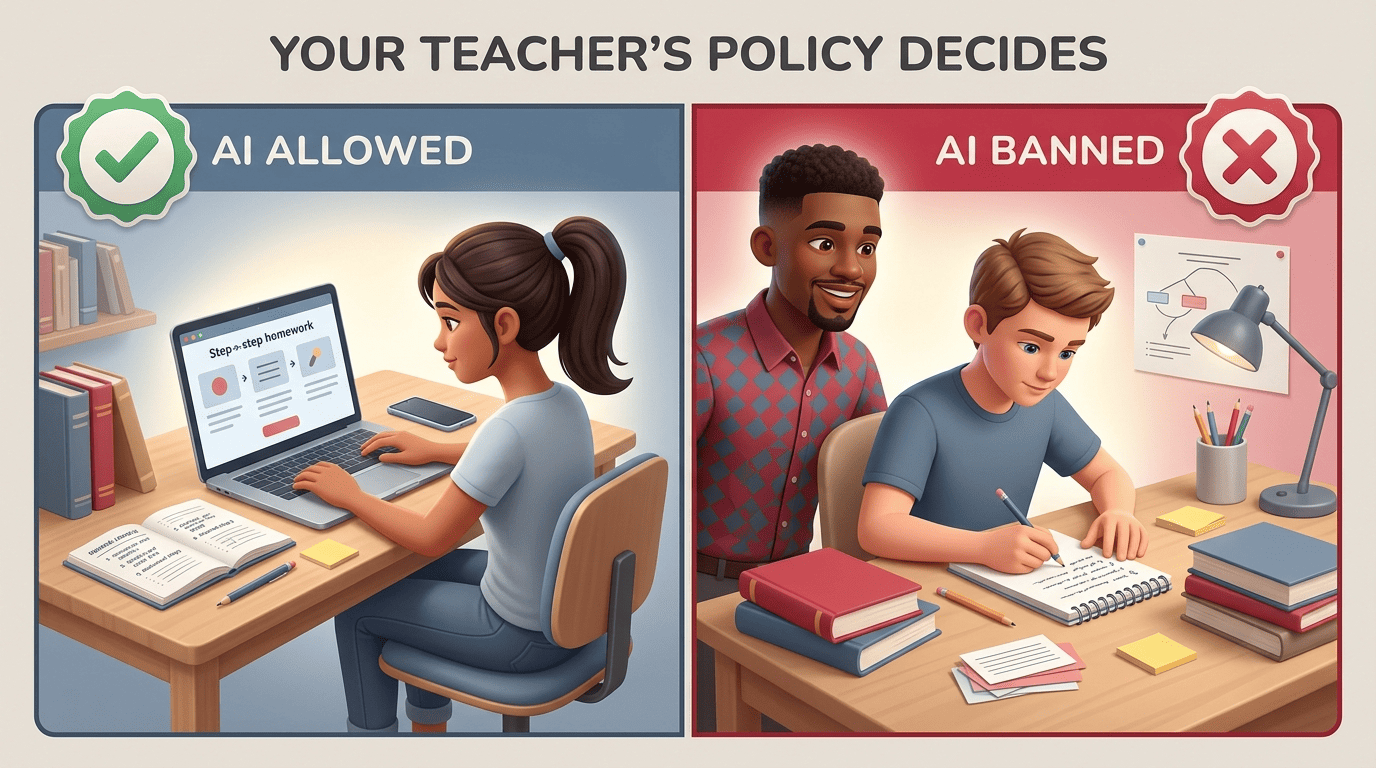 Split image: AI Allowed side with a green check, AI Banned side with a red cross, under the header Your teacher's policy decides