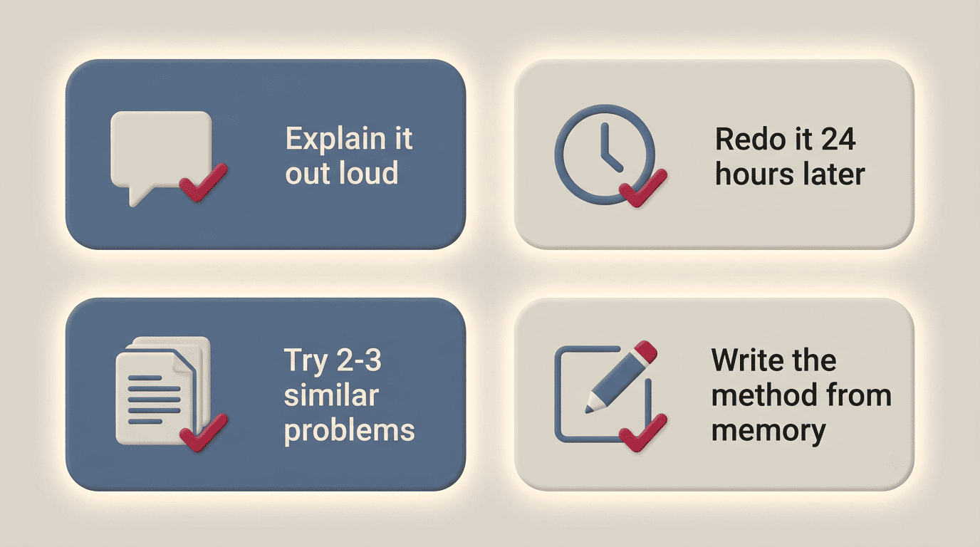 Four self-testing steps in a grid: explain it out loud, redo it 24 hours later, try 2-3 similar problems, write the method from memory