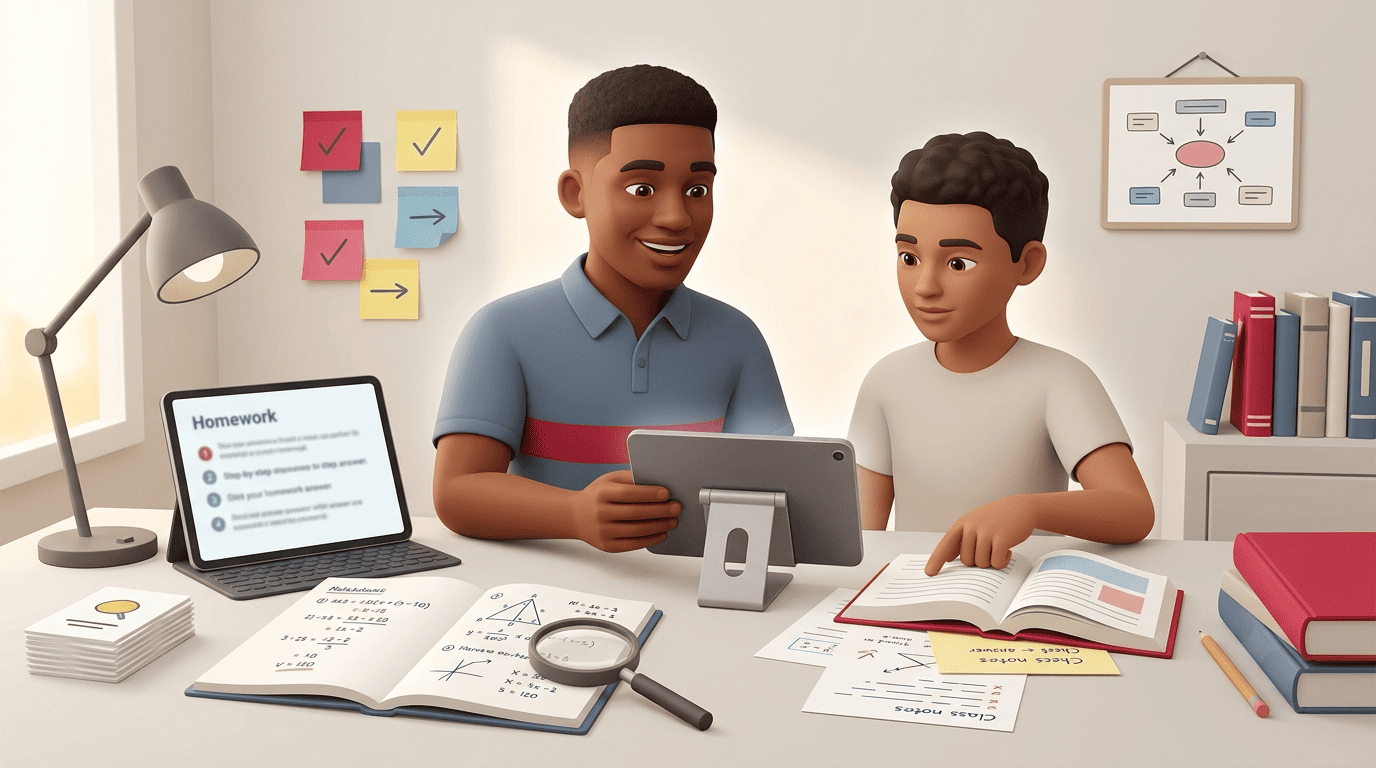 A tutor and student at a desk checking an AI homework answer on a tablet against an open textbook and class notes with a magnifying glass
