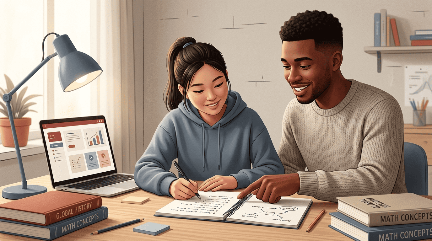 A friendly tutor coaching a student who is writing her own essay by hand at a study desk