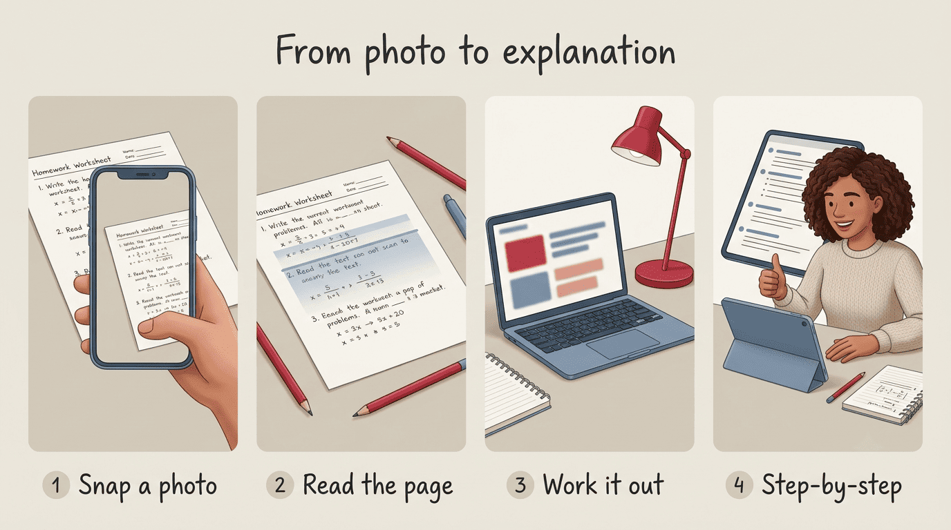 Four-step diagram: snap a photo, read the page, work it out, get a step-by-step explanation