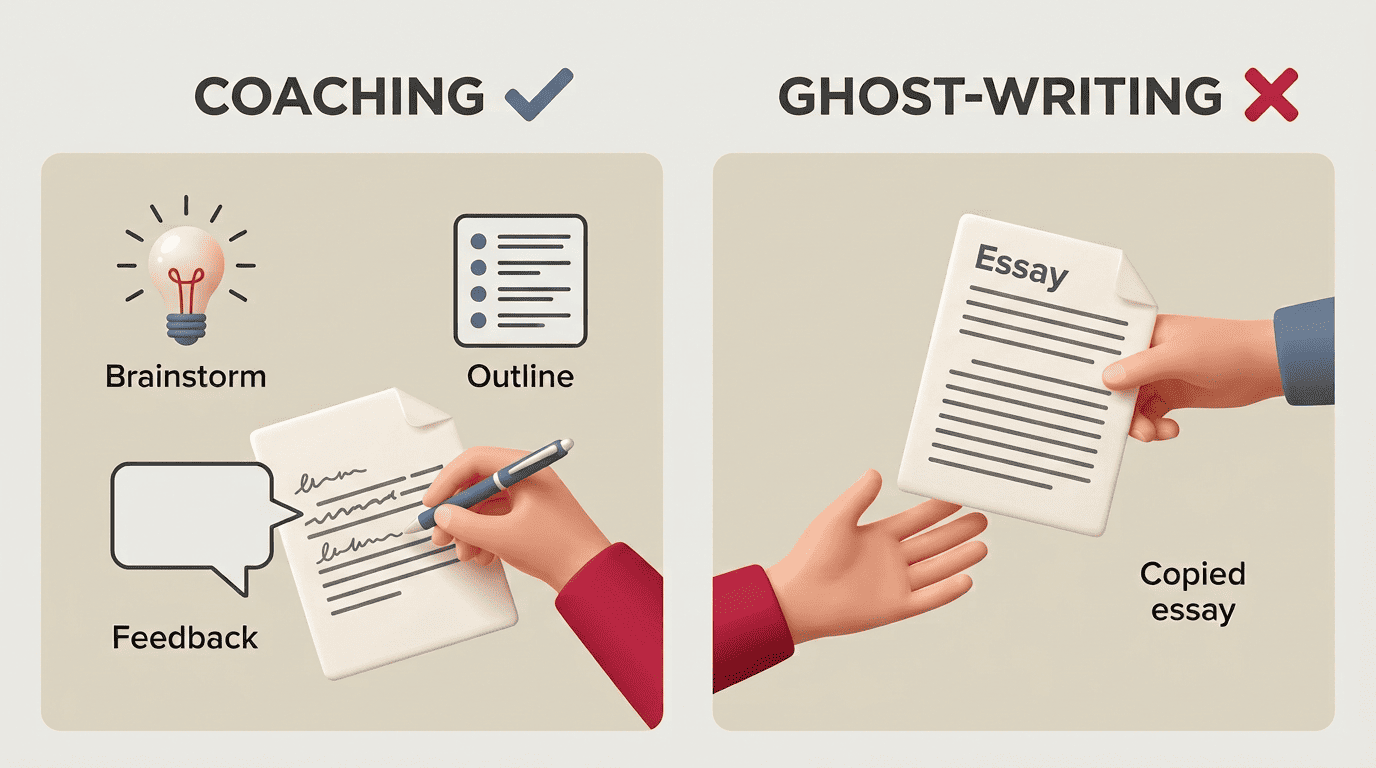 Split comparison of coaching uses of AI versus ghost-writing an essay