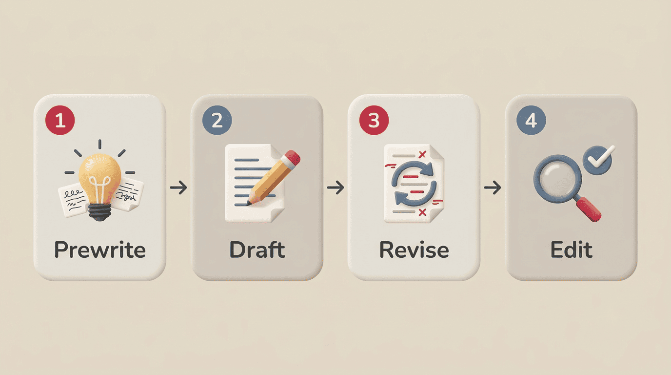 Four-stage essay writing process: Prewrite, Draft, Revise, Edit, shown as connected cards