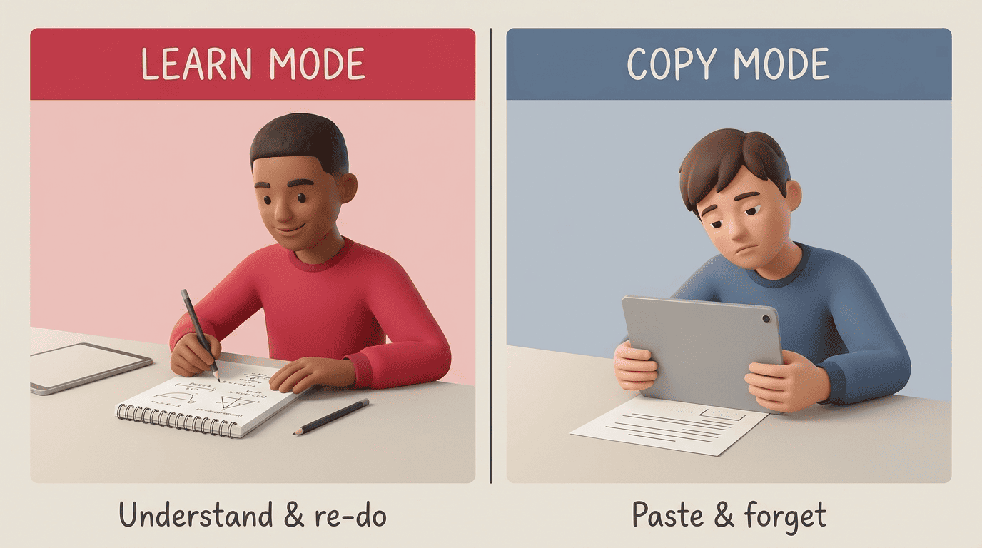 Split-screen comparison of learn mode versus copy mode: one student re-works a problem, the other blankly pastes an answer
