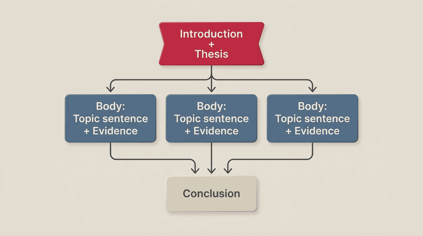 Essay structure diagram: Introduction plus Thesis leading to three body paragraphs and a conclusion
