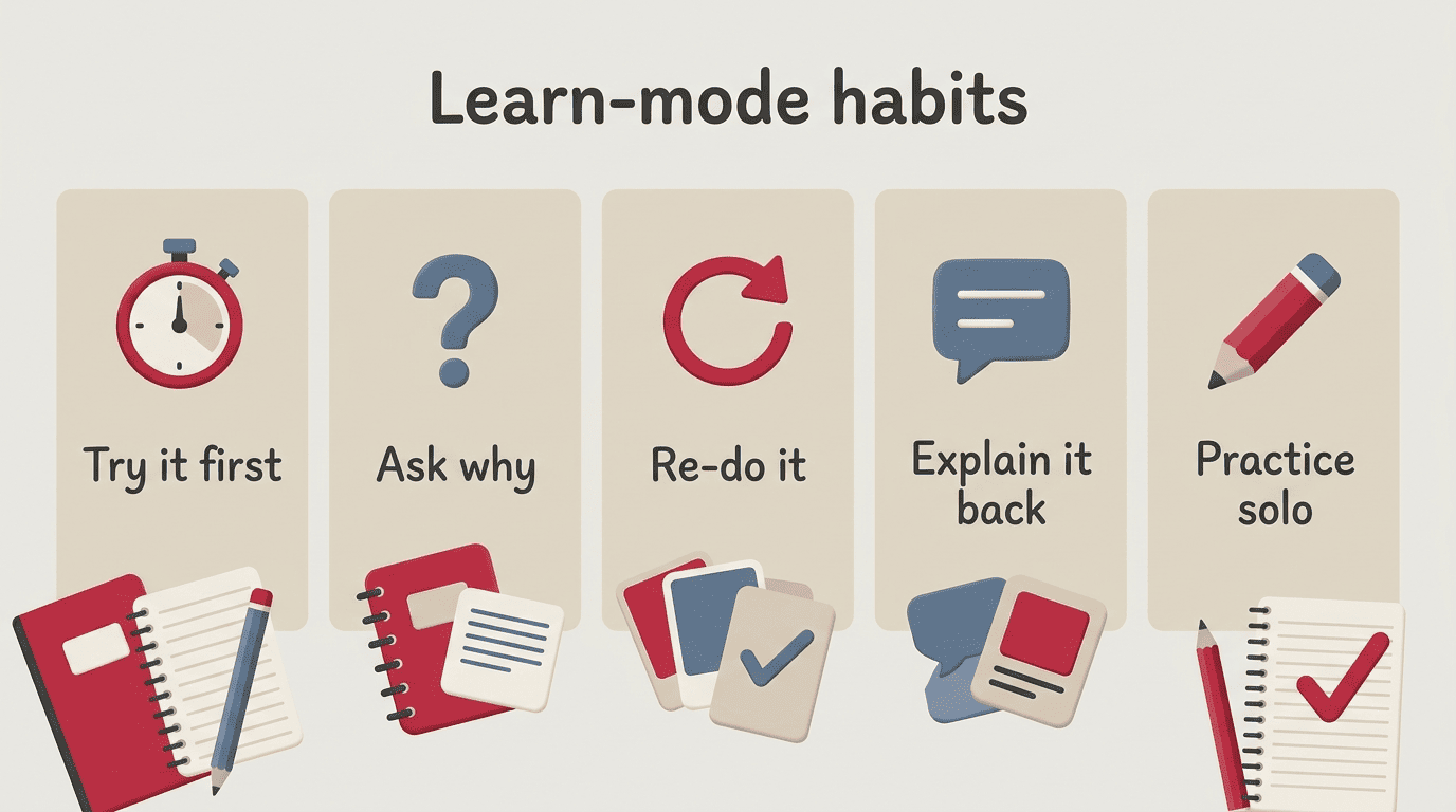 Checklist of five learn-mode habits: try it first, ask why, re-do it, explain it back, practice solo