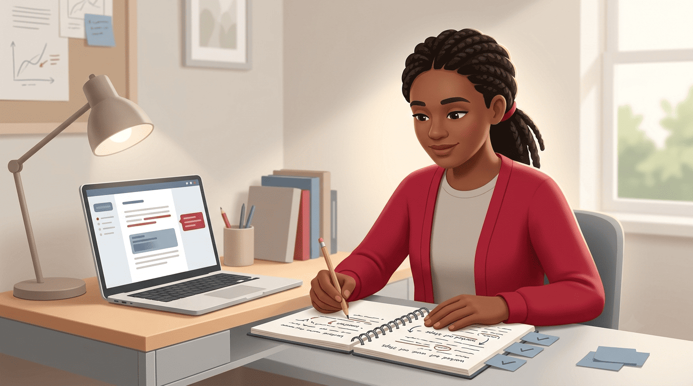 A student revising her own essay draft in a notebook while reading feedback on her laptop