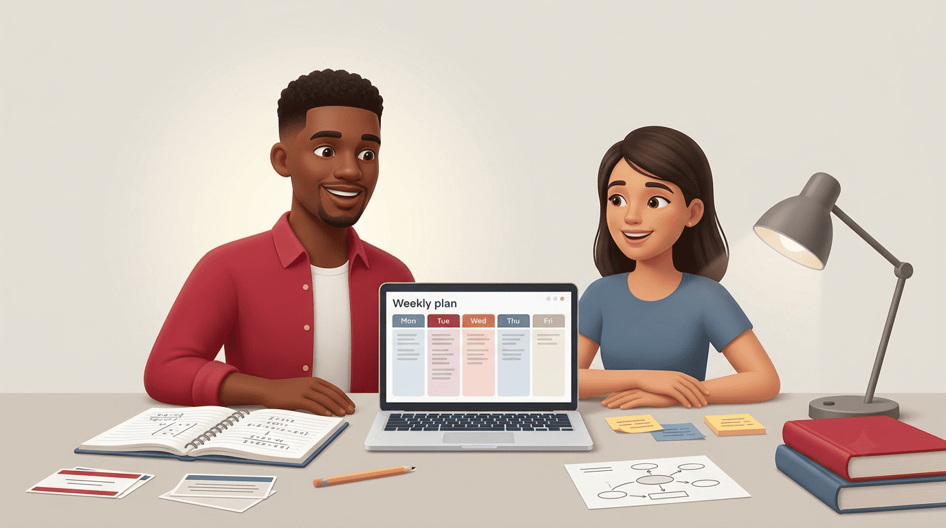 A tutor and a student turning a pile of assignments into a calm weekly plan on a laptop