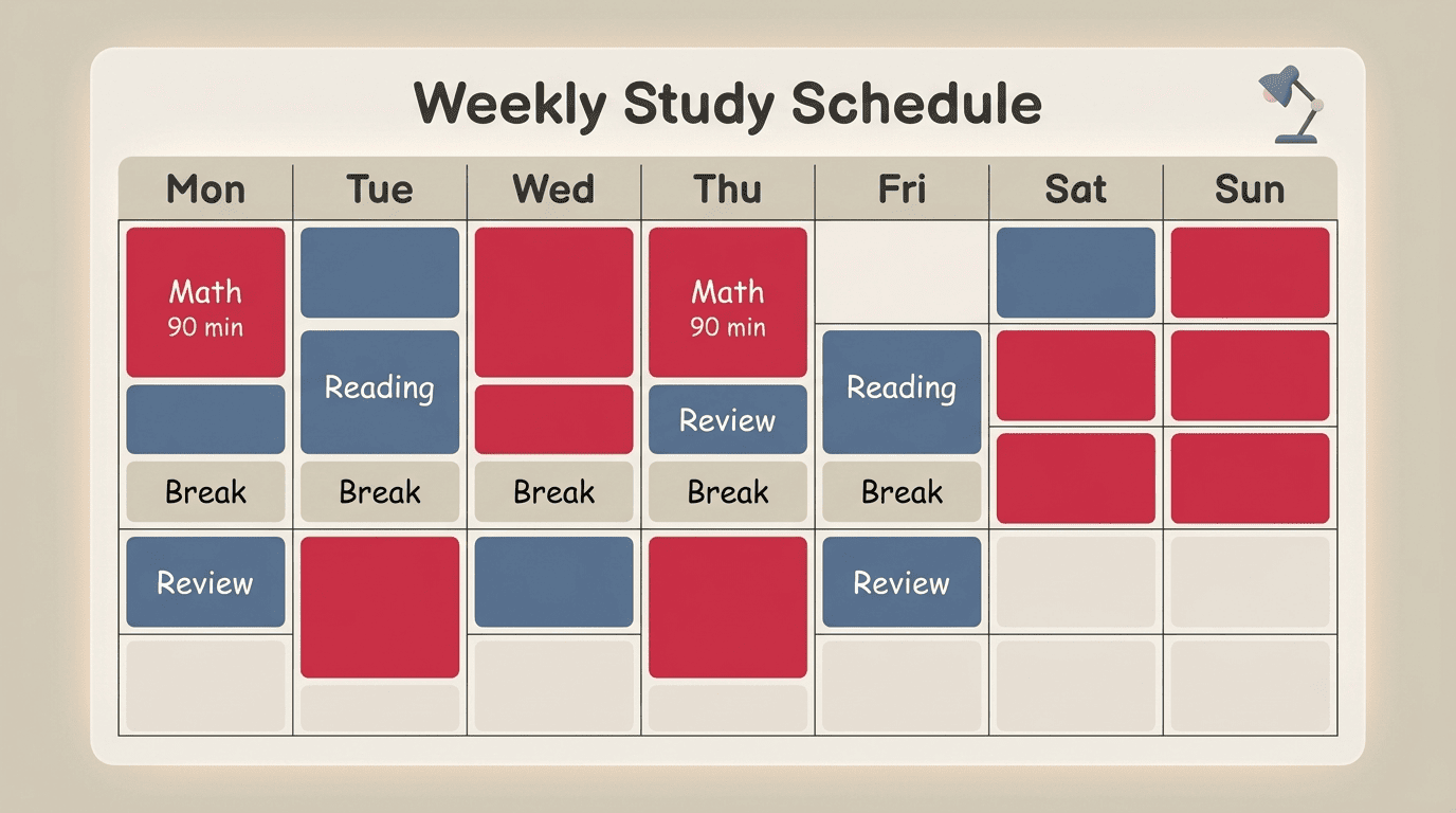 A weekly study schedule grid with color-coded time blocks for each day of the week