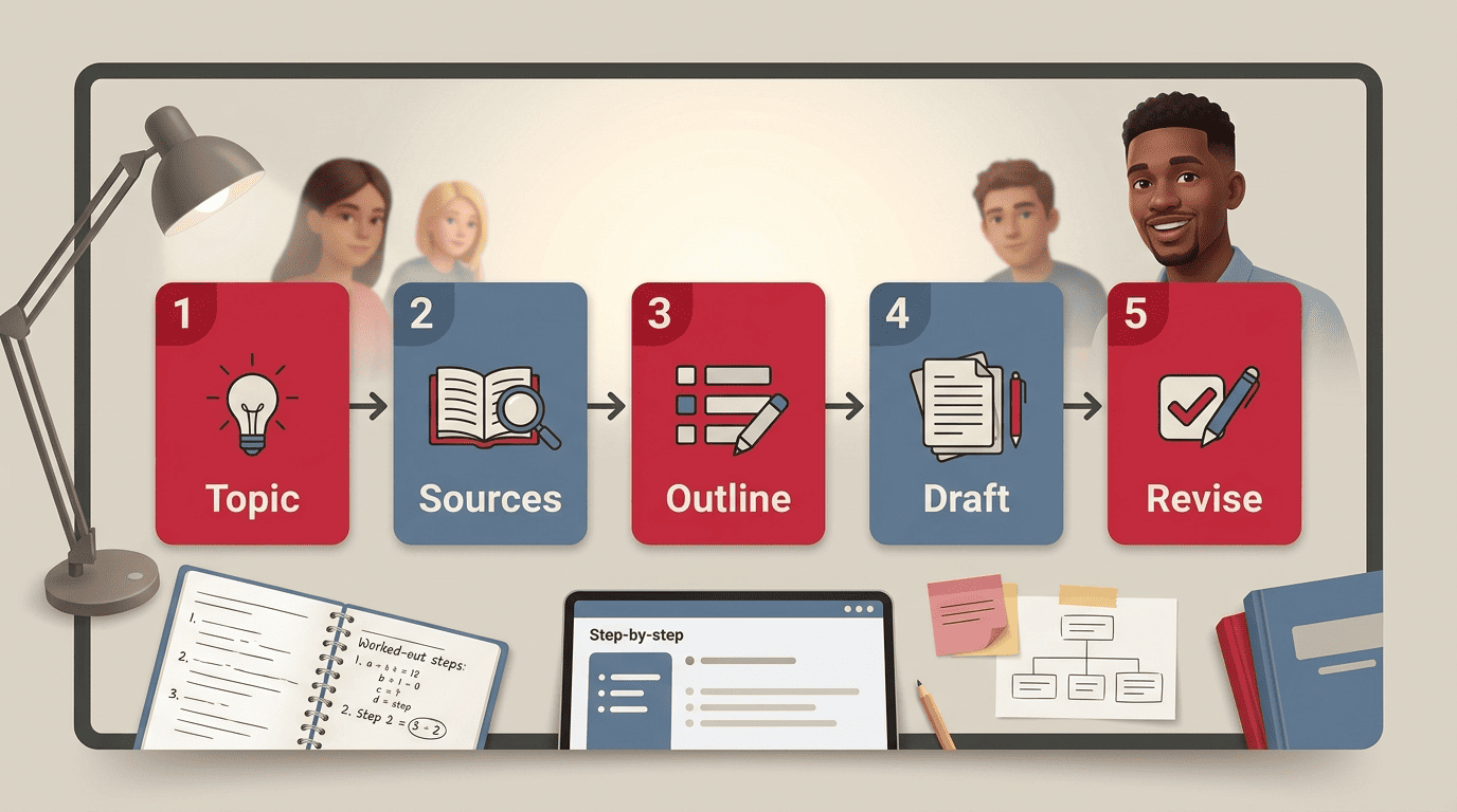 A five-step flow for an essay: topic, sources, outline, draft, revise