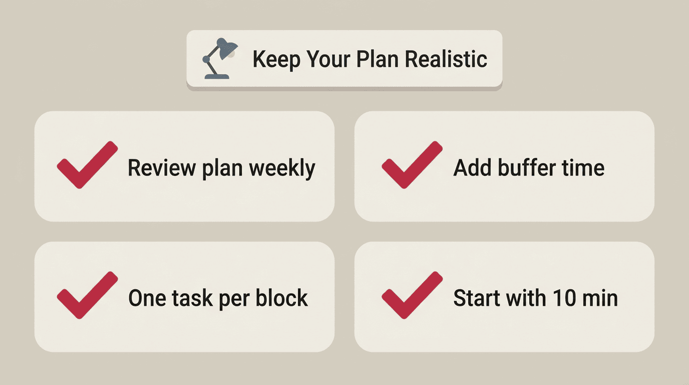 Checklist for keeping a study plan realistic: review weekly, add buffer time, one task per block, start with 10 minutes
