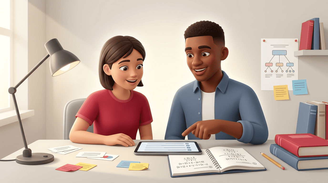 A tutor and a student following a step-by-step homework solution together on a tablet