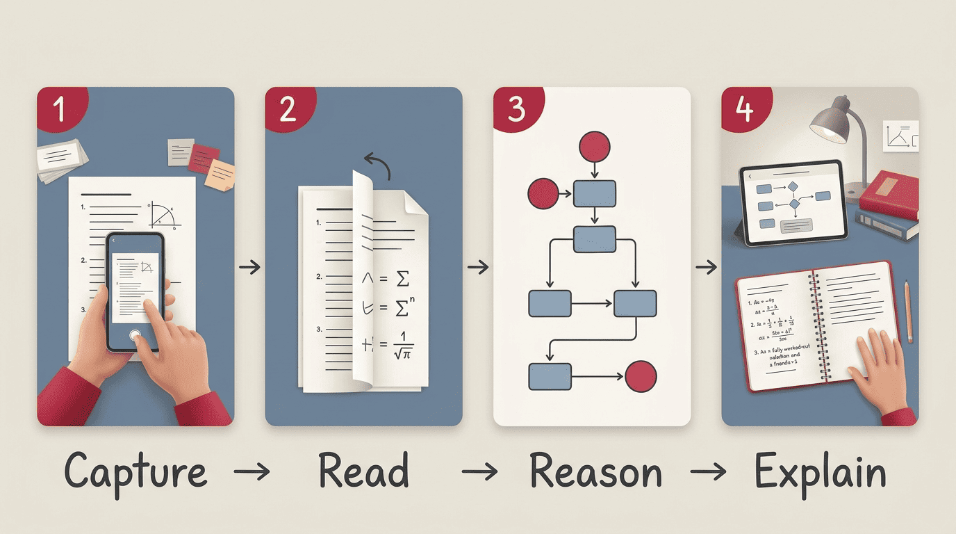 Four-stage diagram of how an AI homework solver works: capture, read, reason, explain