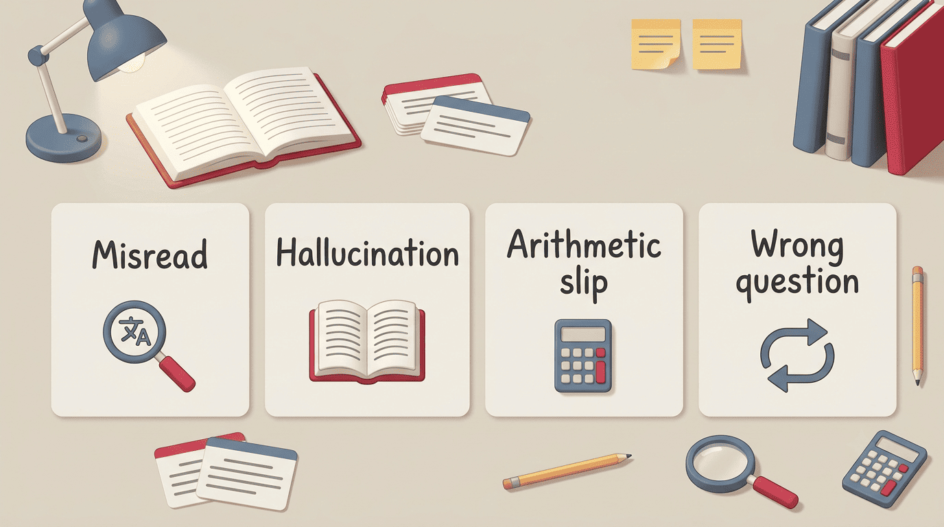 Four things to double-check in an AI homework answer: misread, hallucination, arithmetic slip, wrong question