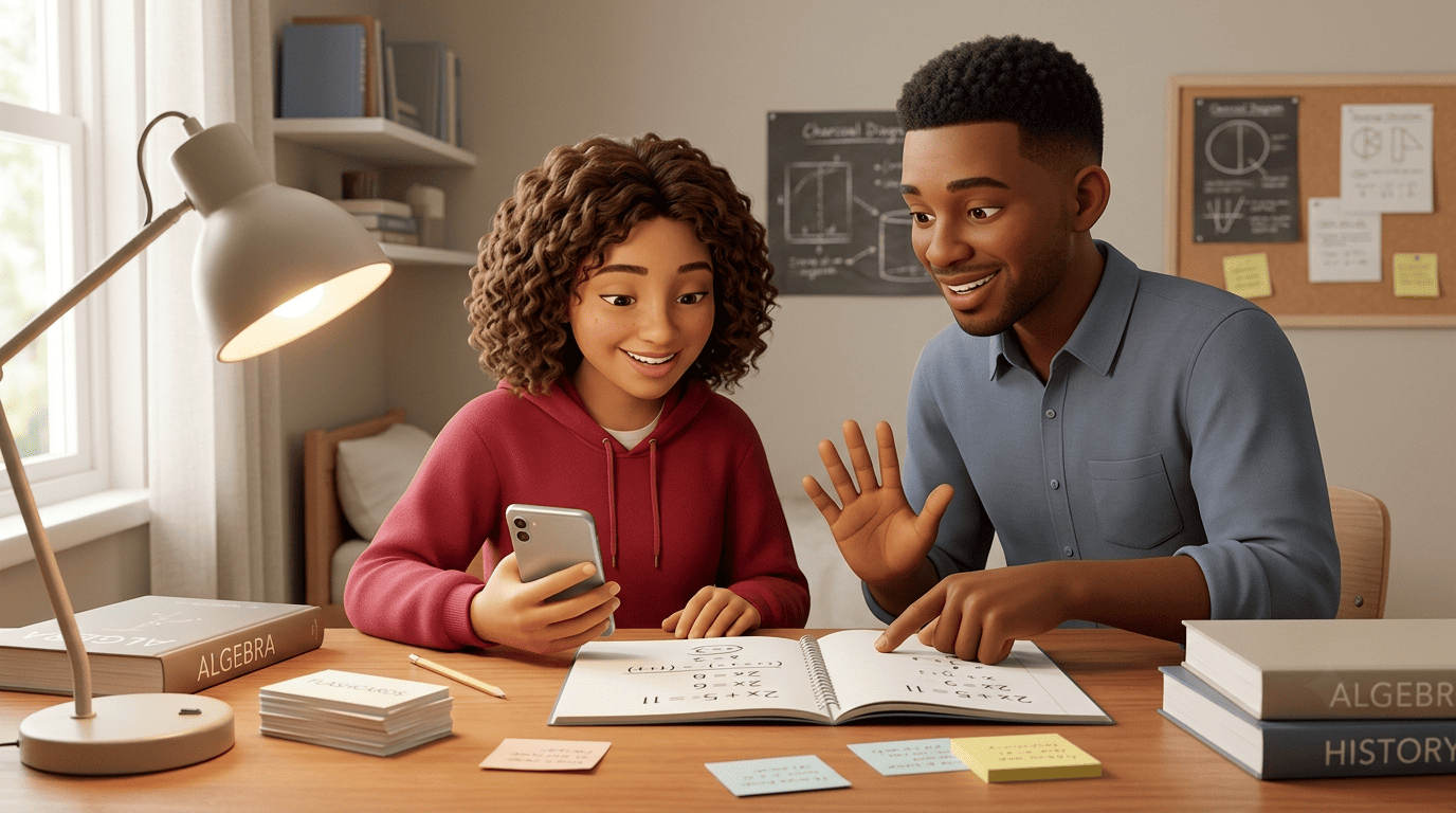 A student and a tutor at a home desk having an 'aha' moment with a homework app on a phone