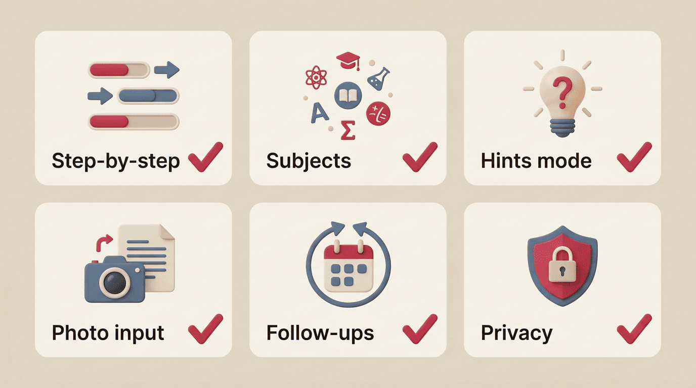Checklist of six features to look for in a homework AI app: step-by-step, subjects, hints mode, photo input, follow-ups, privacy