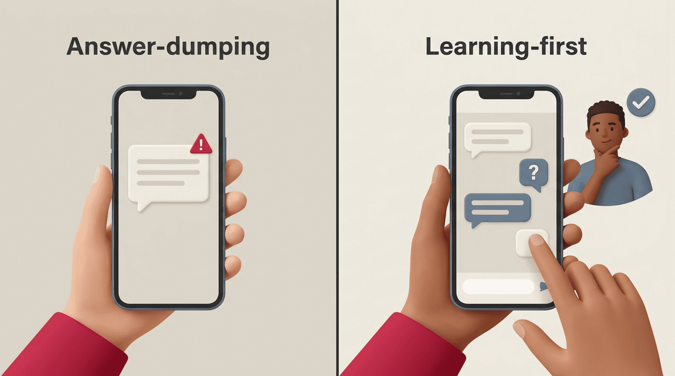 Split-screen comparison of an answer-dumping app versus a learning-first app that asks a guiding question