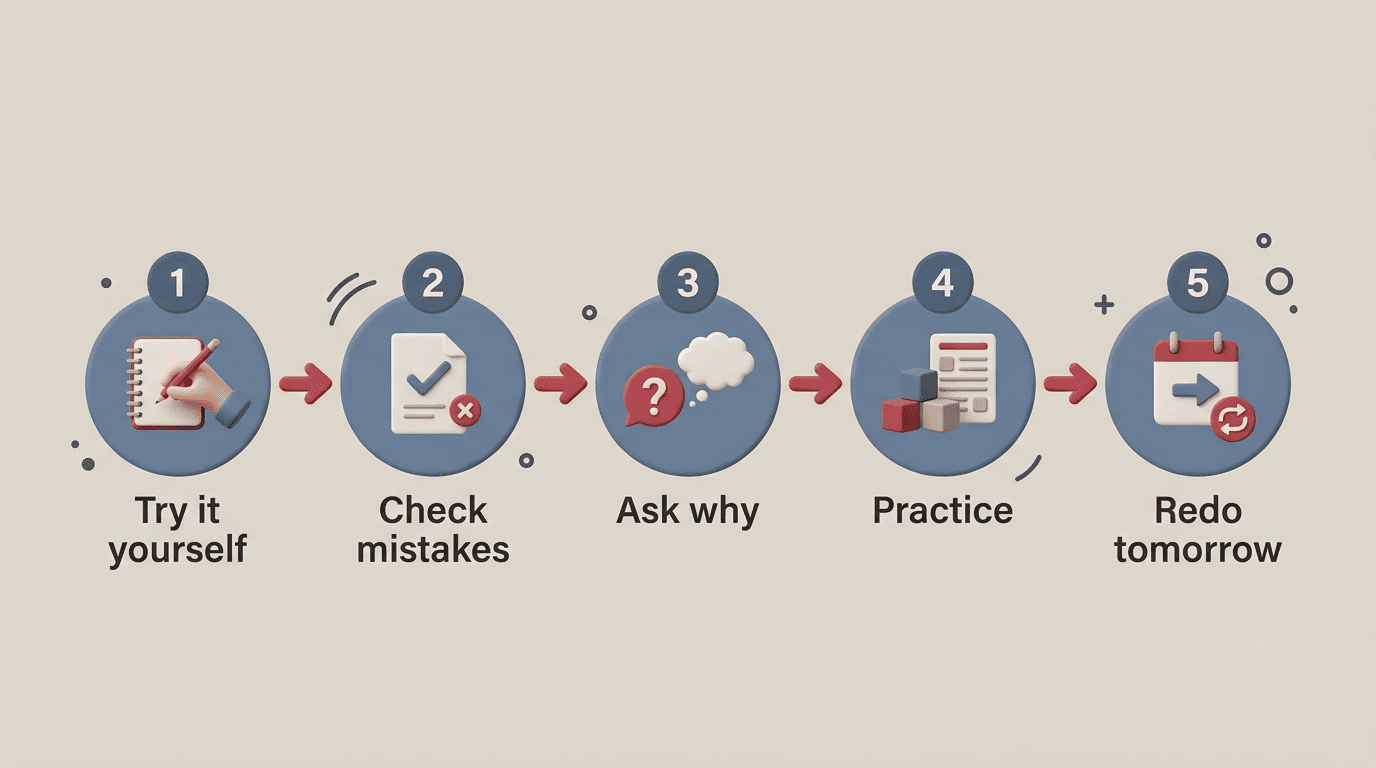 Five-step study routine: try it yourself, check mistakes, ask why, practice, redo tomorrow