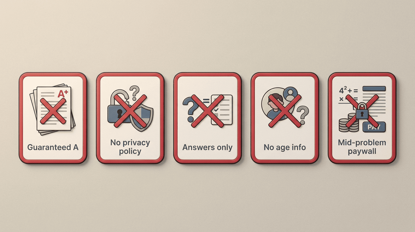 Red-flag warning cards: guaranteed A, no privacy policy, answers only, no age info, mid-problem paywall