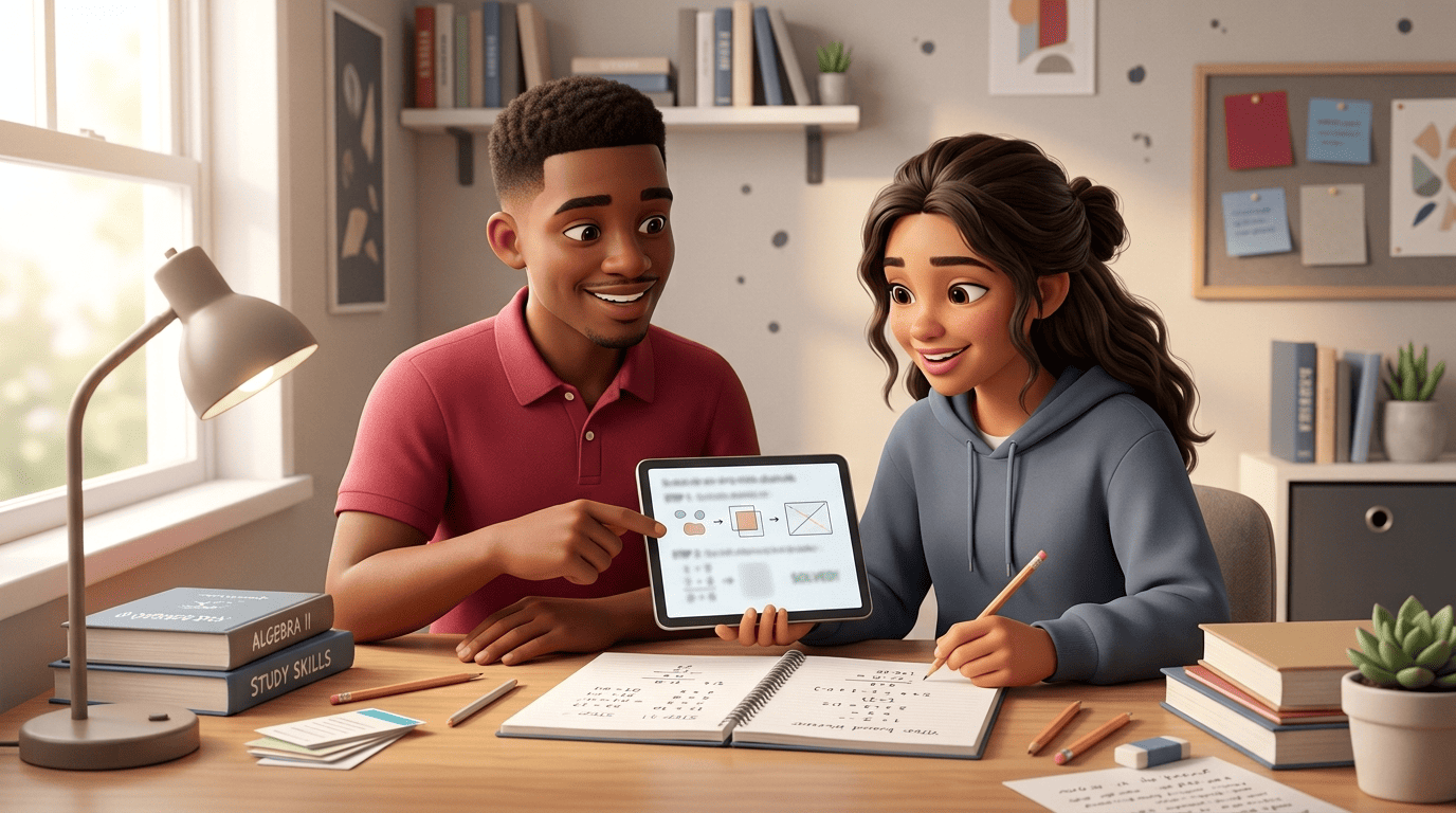 A friendly tutor and a student reviewing a step-by-step math solution on a tablet