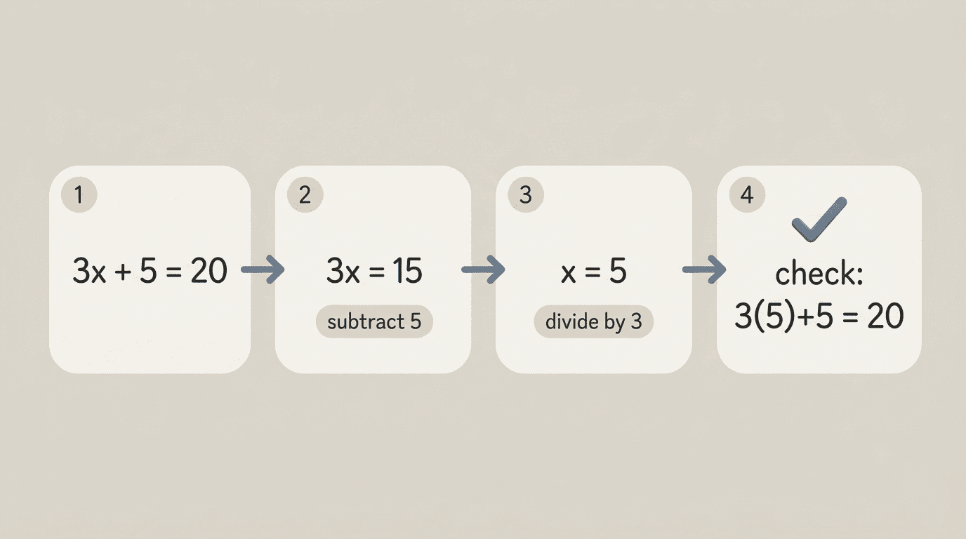 Four-step worked solution for 3x + 5 = 20 ending at x = 5 with a check