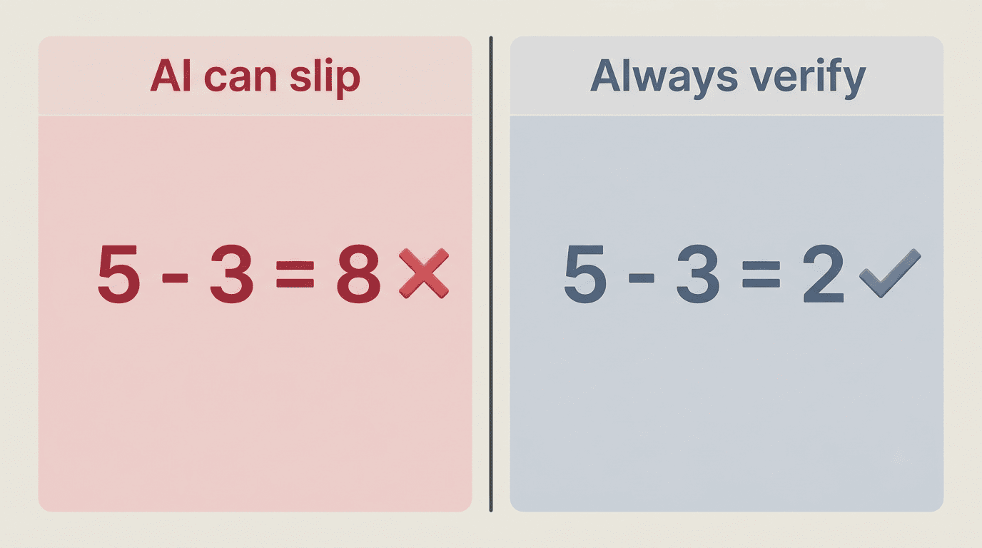 Split comparison: an AI slip 5 - 3 = 8 marked wrong versus the verified 5 - 3 = 2