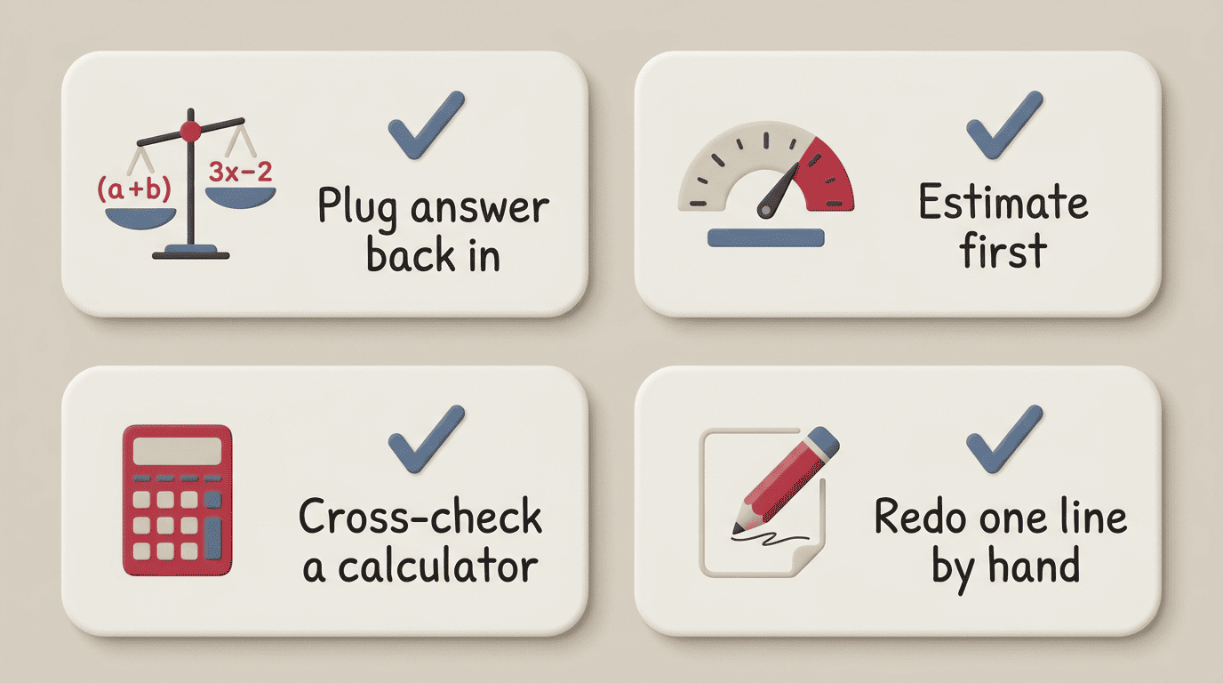 Checklist: plug the answer back in, estimate first, cross-check a calculator, redo one line by hand