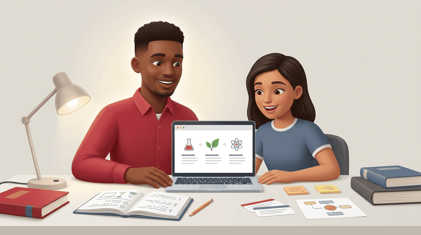 A friendly tutor and a student looking at a laptop showing a step-by-step science interface, the student's face lighting up