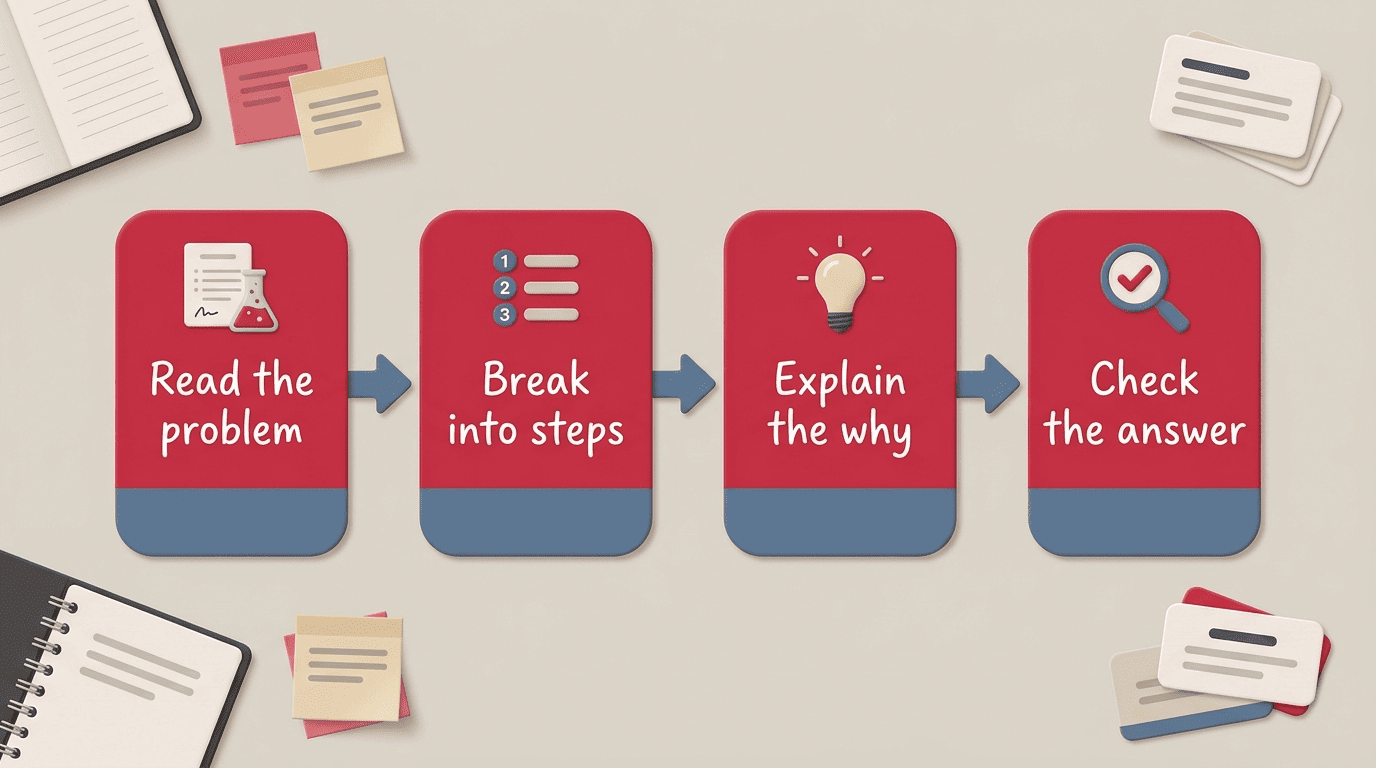 Four-step diagram: read the problem, break into steps, explain the why, check the answer