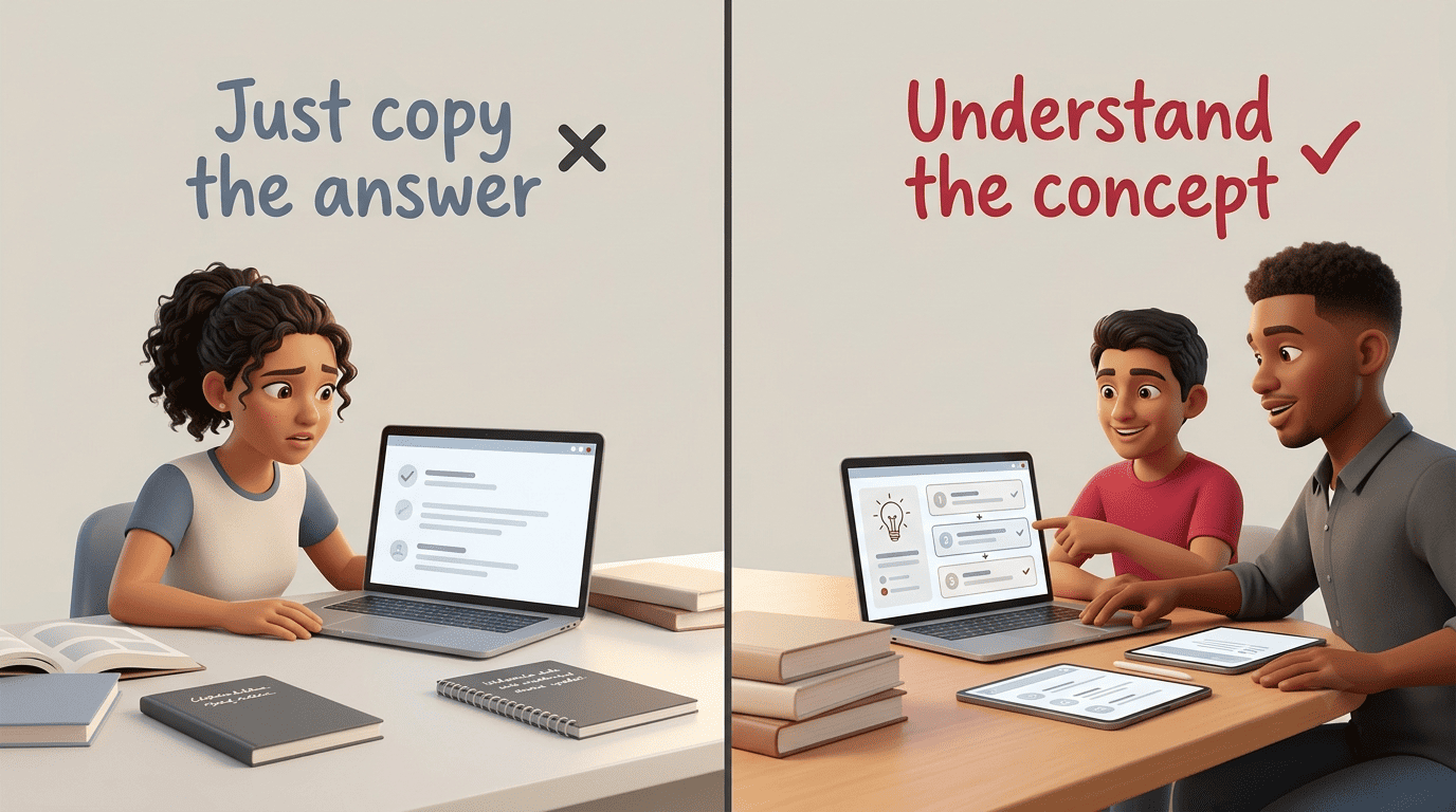 Split screen comparing just copying the answer versus understanding the concept with step-by-step reasoning