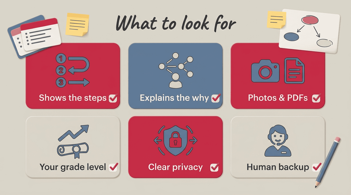 Checklist of what to look for: shows the steps, explains the why, photos and PDFs, your grade level, clear privacy, human backup