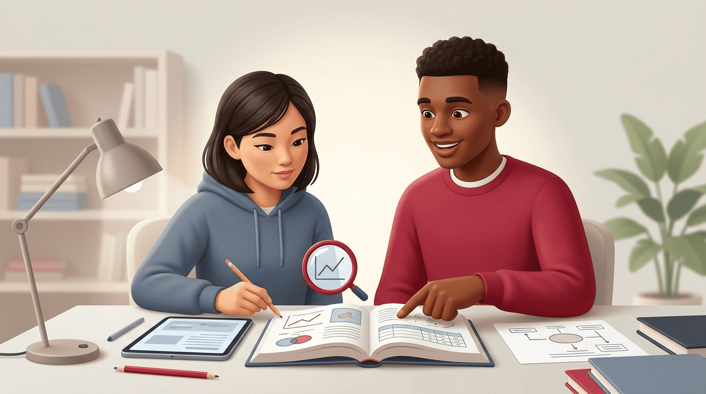 A student and tutor cross-checking an AI science answer against an open textbook, with a magnifier over a data graph