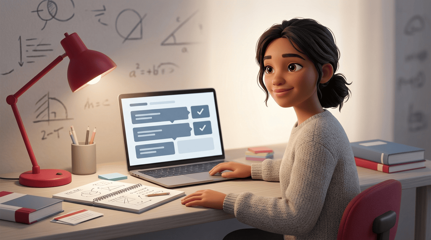 A student at a home desk feeling unstuck as a laptop shows step-by-step homework help
