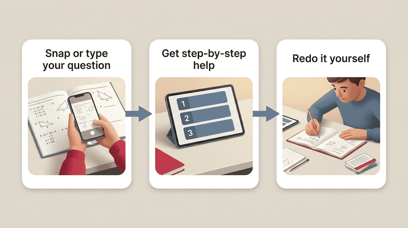 Three-step flow: snap or type your question, get step-by-step help, then redo it yourself