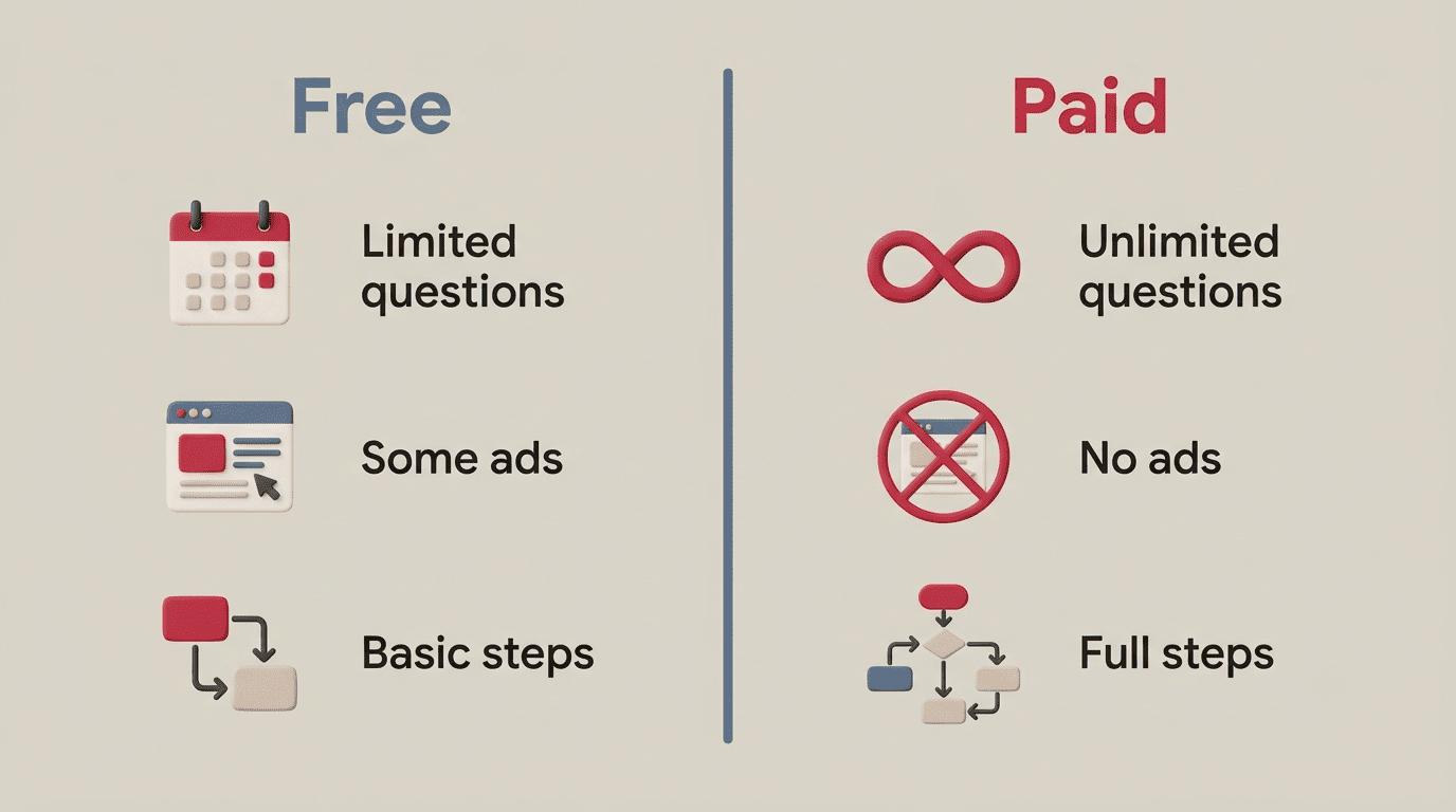 Free vs paid comparison: limited questions, some ads, basic steps versus unlimited, no ads, full steps