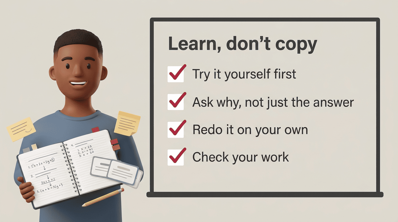 A tutor beside a Learn, don't copy checklist: try it yourself, ask why, redo it, check your work