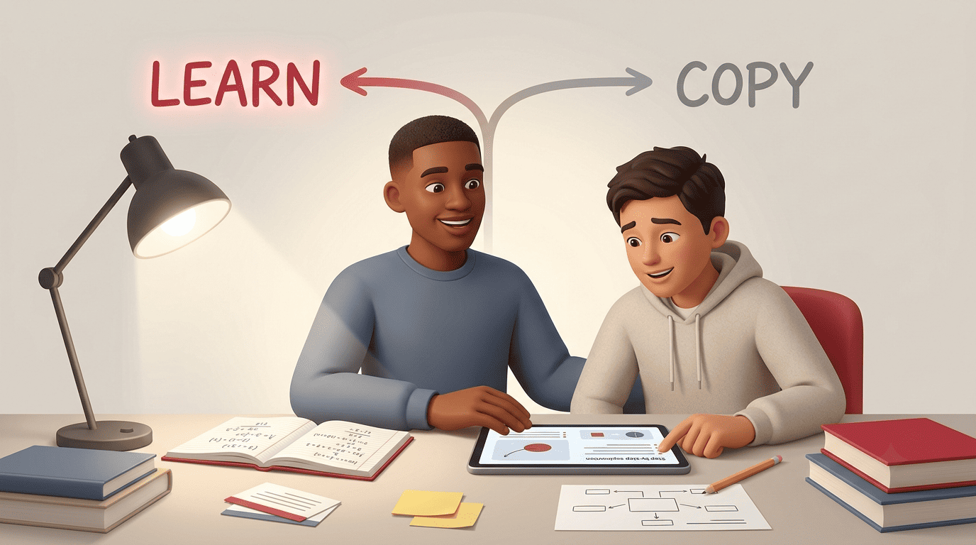 Split illustration showing the same homework AI leading to learning on one path and copying on the other
