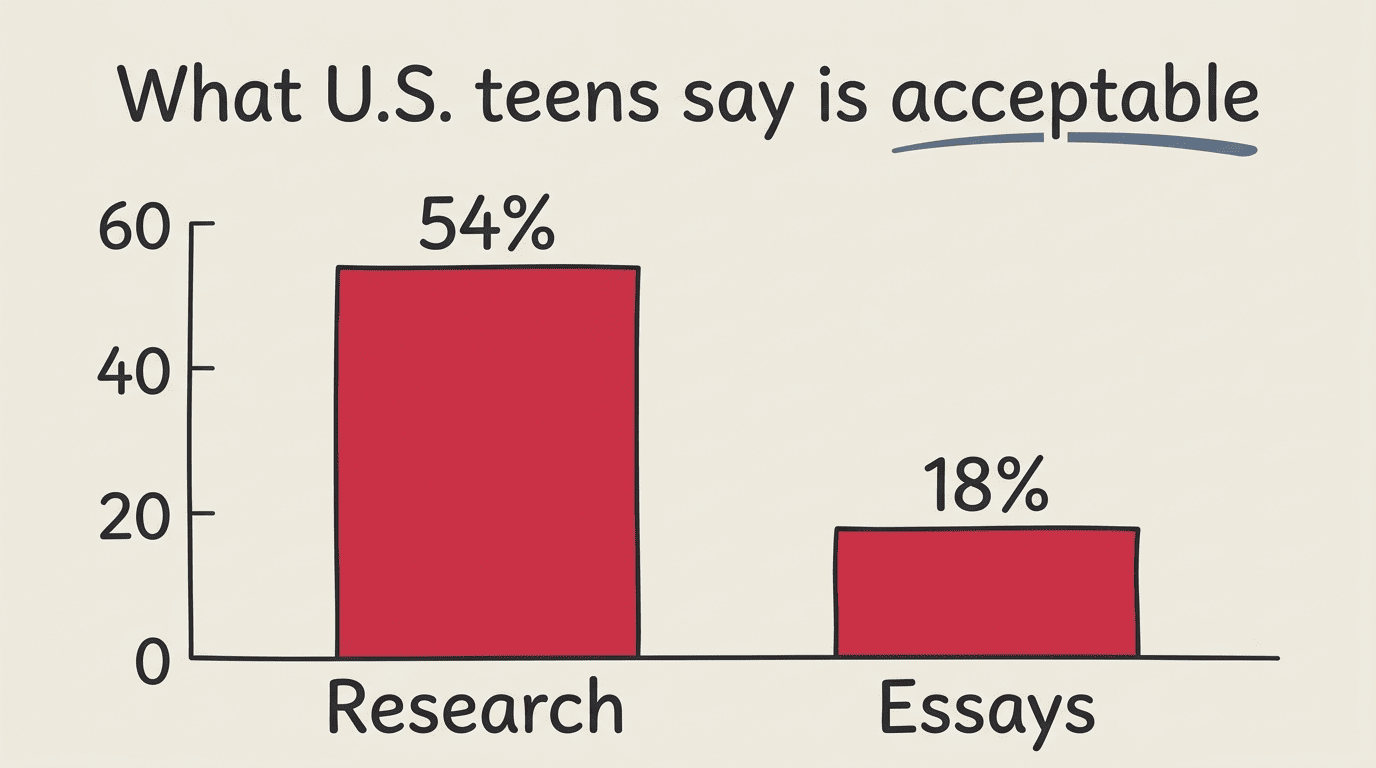 Bar chart showing 54% of US teens find AI acceptable for research versus 18% for essays