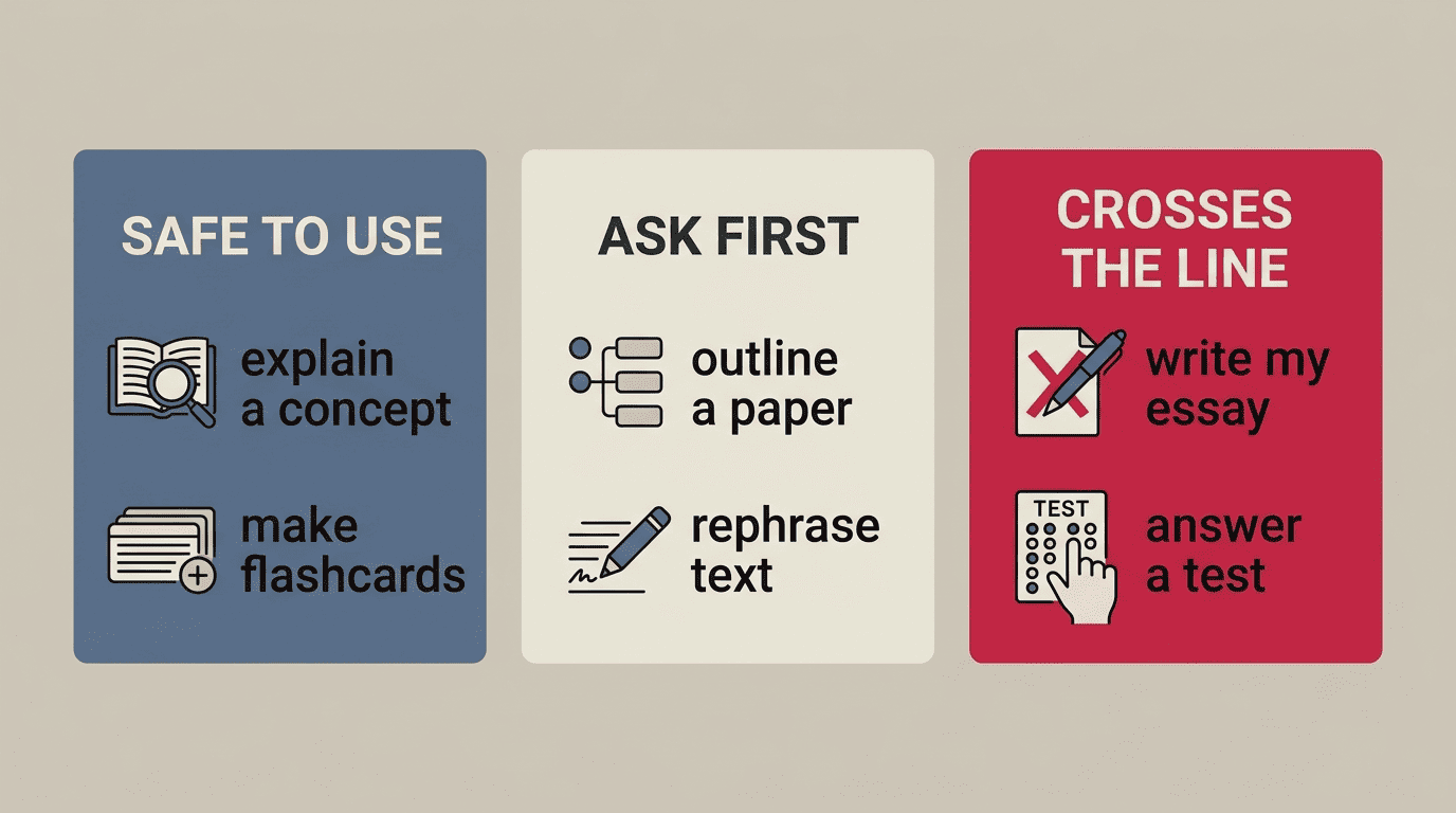 Three cards comparing safe, ask-first, and line-crossing uses of AI for homework