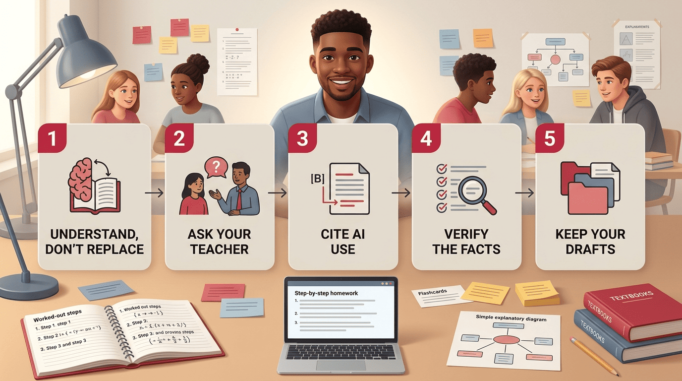 Five-step flow for using AI honestly: understand, ask your teacher, cite, verify, keep drafts