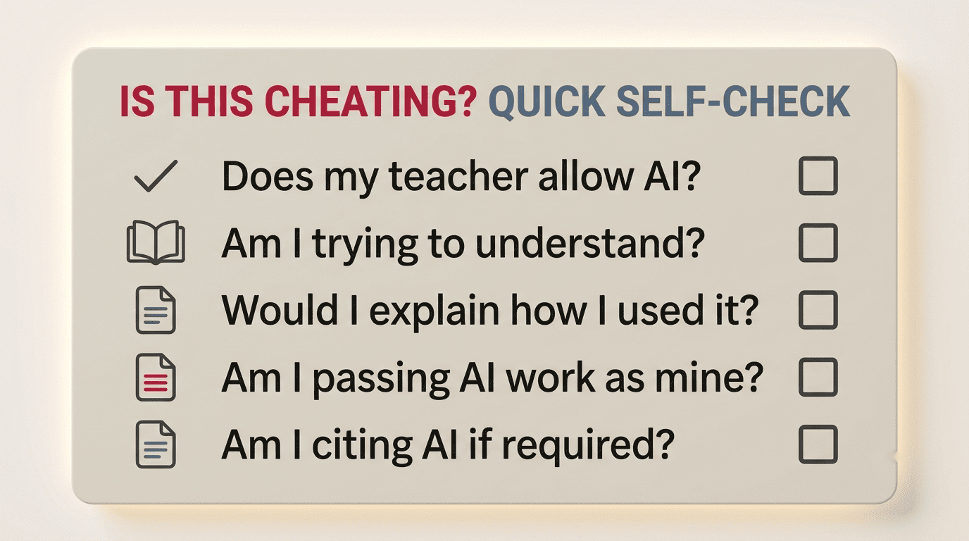 Self-check card with five yes-or-no questions to decide if AI use is cheating