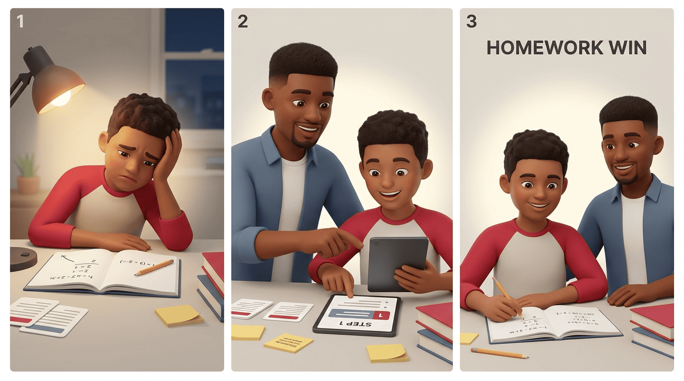 Three-panel scene of a frustrated student who gets one step explained and then finishes the work confidently
