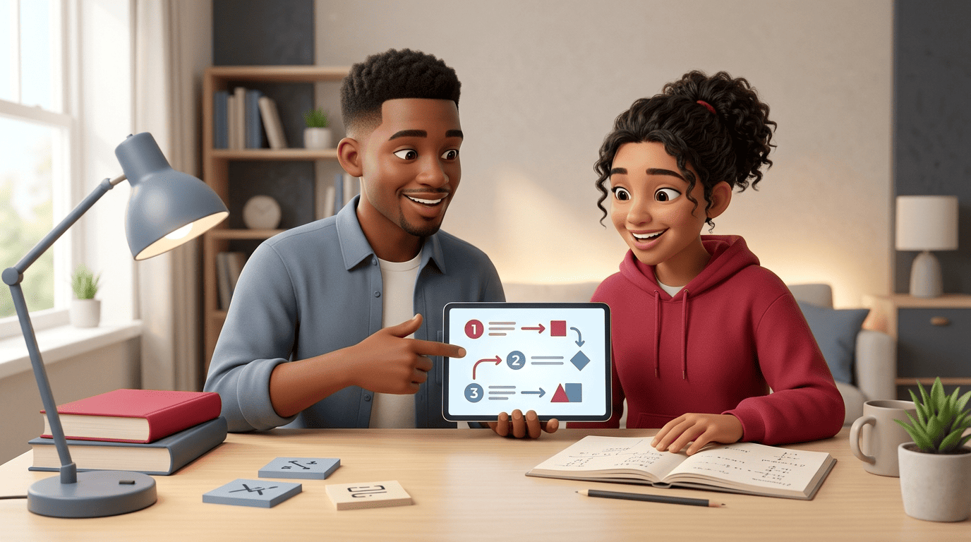 A tutor showing a student step-by-step homework reasoning on a tablet
