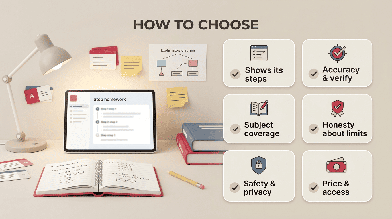 Checklist infographic of six criteria for choosing a homework AI