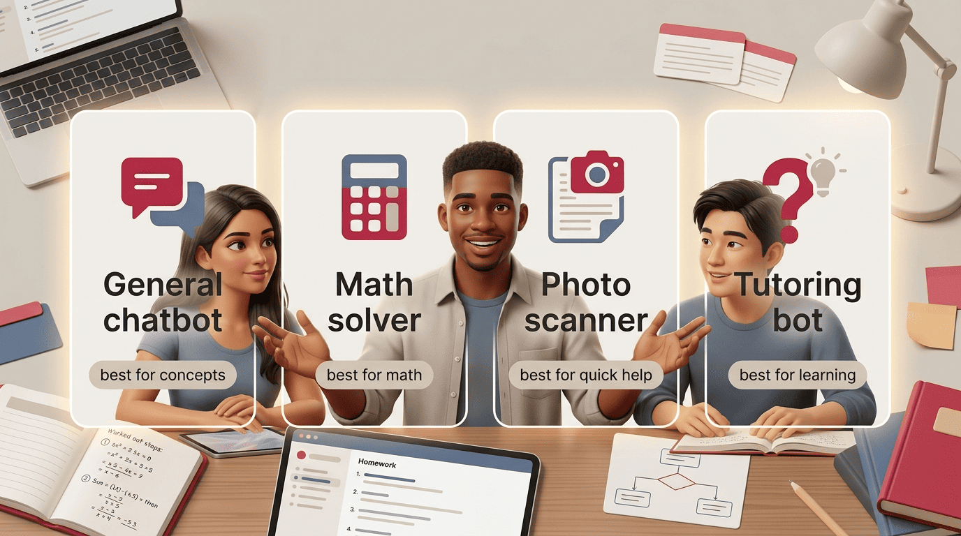 Comparison of four homework AI tool types: chatbot, math solver, photo scanner, tutoring bot