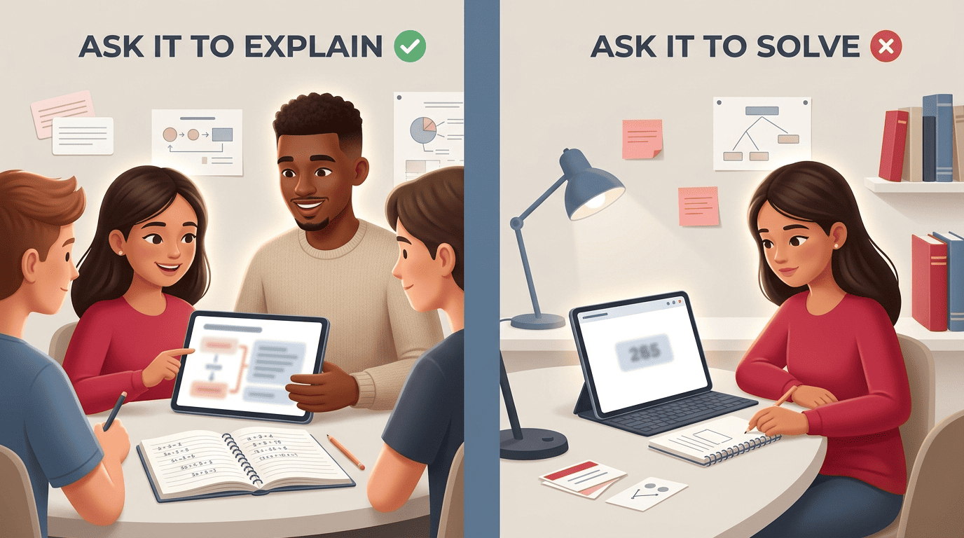 Split-screen comparing asking AI to explain versus asking it to solve