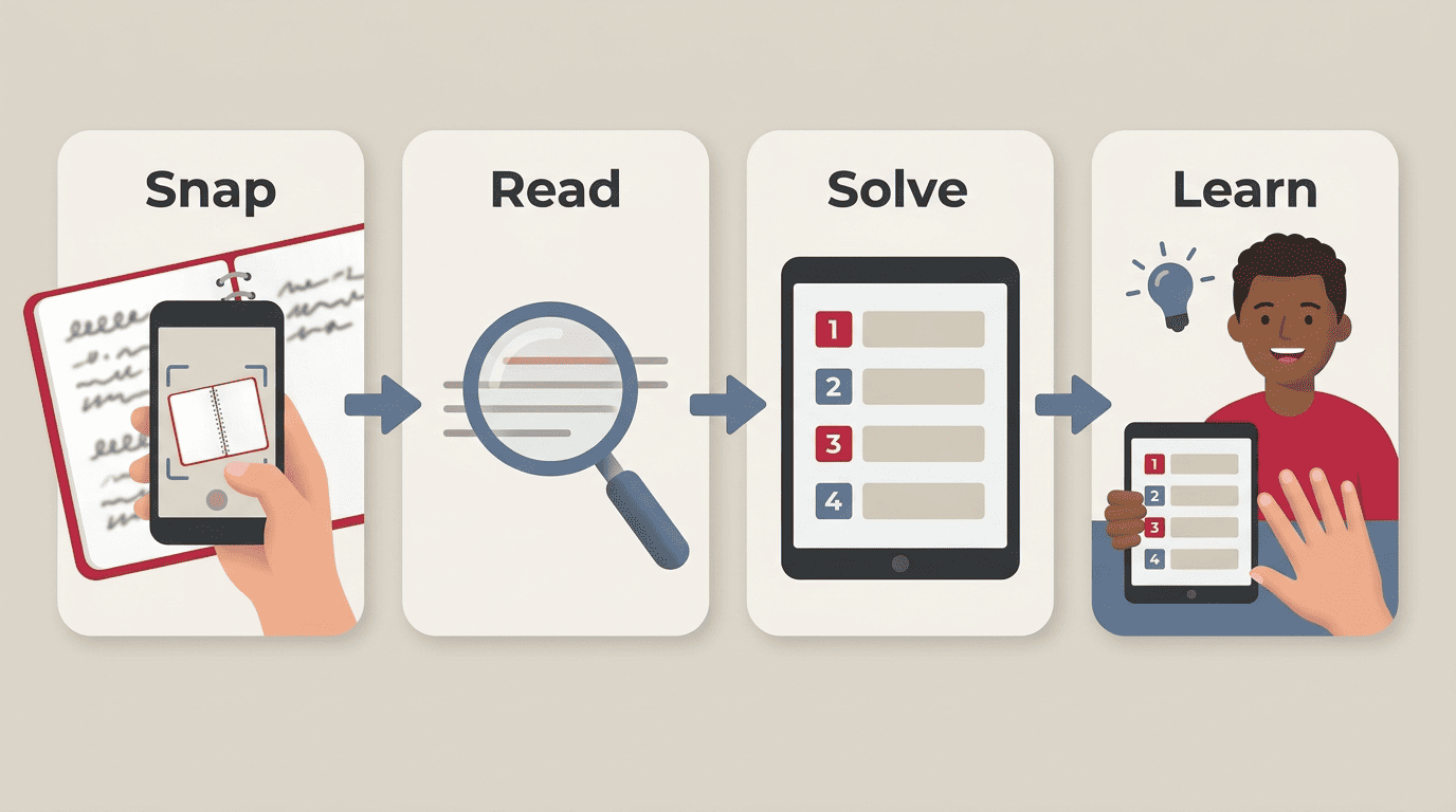 Four-step flow of an AI homework scanner: snap the photo, read it with OCR, solve it, and learn the steps
