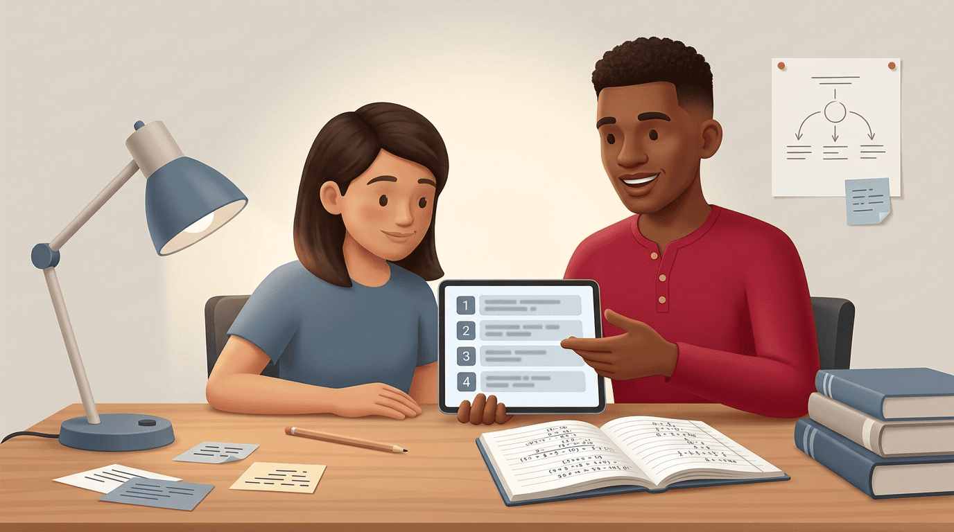 A tutor walking a student through a numbered step-by-step solution on a tablet