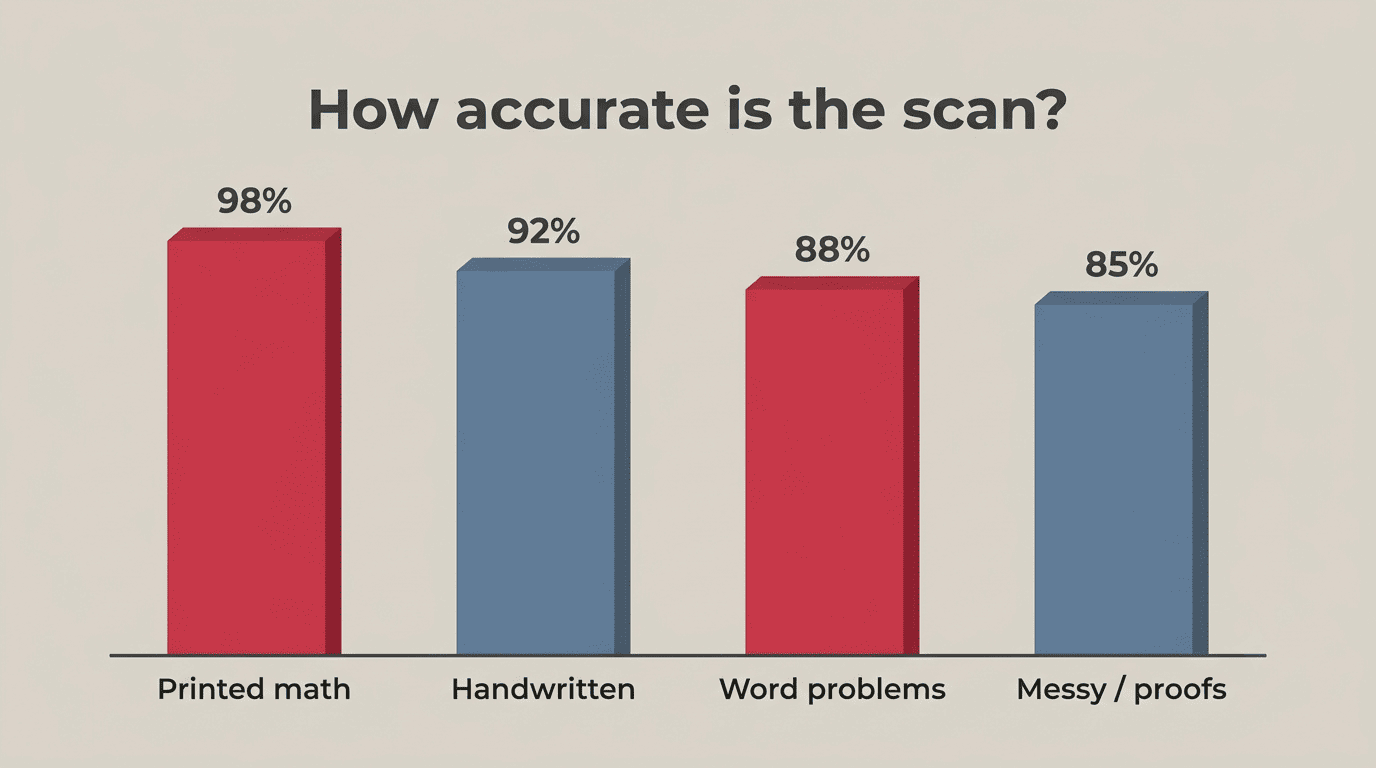 Bar chart of AI homework scanner accuracy: printed math 98%, handwritten 92%, word problems 88%, messy or proofs 85%